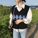Damstickad väst utan ärmar med V-ringning Rombmönster över bröstet Ribbad kant Akrylstickning För att bära över skjorta 2