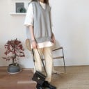 Damsk stickad väst utan ärmar Grå Lös oversize passform V-ringning med ribbad kant Ribbad nederkant Polyester och bomull 2