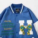 Baseballjacka med vita ärmar Broderade texter och applikation med bokstaven H Broderi av landskap på baksidan Knäppning med tryckknappar 5