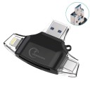 4-i-1 minneskortläsare för telefon och dator Kontakter Lightning USB-C Micro USB och USB 3.0 För SD- och Micro SD-kort Kryptering av data 3