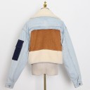 Damsk kort jacka i plysch och denim Patchworkstil Stor plyschkrage Fransade kanter Ficka på ärmen Polyester och bomull 5