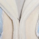 Damsk kort jacka i plysch och denim Patchworkstil Stor plyschkrage Fransade kanter Ficka på ärmen Polyester och bomull 8