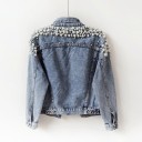 Dams denimjacka dekorerad med pärlor och stenar på axlarna Klassisk snitt med bröstfickor Knappstängning Blå Bomull 2