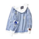 Dams denimjacka med vit huva och manschetter Sliten effekt Fransiga ärmar Färgglada applikationer Fickor med lock Polyester och bomull 5
