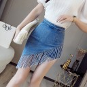 Damjeans mini kjol med inbyggda shorts Asymmetrisk framsida med långa fransar Åtsittande passform Metalldragkedja Bomullsjeans 3