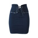 Dam jeans mini kjol med snörning Hög korsett midja Tight kroppsnära passform Fransade kanter Metallöglor Mörkblå Polyester 2