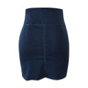 Dam jeans mini kjol med snörning Hög korsett midja Tight kroppsnära passform Fransade kanter Metallöglor Mörkblå Polyester 3