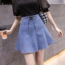 Damjeans mini kjol med snörning och insydda shorts Hög midja Utvidgad A-linjeformad stil Metallöglor Jeans och polyester 3