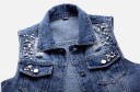 Damjeansväst med dekorativa pärlor Klassisk krage Bröstfickor med lock Slitningar och urtvättad effekt Blå denim med bomull och spandex 3