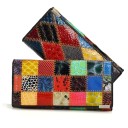 Damsk etno plånbok i äkta läder Färgglad patchwork Stängning med klaff Kortfack Ficka med metallram 18,5 x 9,5 x 2,5 cm 3