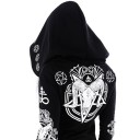 Damsk goth hoodie med dragkedja Svart med vit ockult tryck Skalle med horn och pentagram Framsidans fickor Polyester och bomull 4