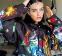 Dam oversize hoodie med huva i hip hop stil Heltryckt tecknat mönster med skallar och rosor Snören i huvan Polyester med spandex 5