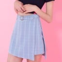 Damsk rutigt mini kjol med bälte Asymmetrisk överlappande framdel Bälte med öglor och silverfärgat hjärtformat spänne Polyester 8