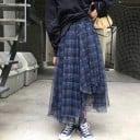 Kvinnors rutiga midi kjol med genomskinligt tyllskikt Asymmetrisk spetskant Bred midja med knapp Bomull Mörkblå färg 3