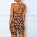 Dam sportset bh och åtsittande shorts med hög midja Leopardmönster Korsade axelband på ryggen Polyester 4