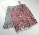 Dam mini kjol med omslag framstycke och knytning på sidan Asymmetrisk volangfåll Allovertryck Lätt polyester 8