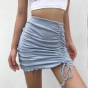 Dam mini kjol med hög midja Ljusblå Ribbad tyg Sidsnörning med rynkning Vågig kant Bomull och polyester 3