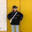 Dams oversized hoodie med huva Handtryckta rader av texter Känguruficka Sänkta axlar Ribbad mudd Bomull och polyester 3