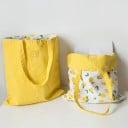 Damens vändbara linnehandväska med tryckt och enfärgad sida Shopper med två handtag och mönster av trianglar eller frukt 40 x 36 cm 14