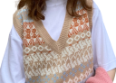 Damsk stickad väst utan ärmar med V-hals Löst snitt Färggående geometriskt mönster i ränder Beige ribbade kanter Bomull och spandex 6
