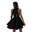 Abiti corti da donna senza maniche con legatura al collo a fiocco e schiena scoperta con tasche e gonna a campana in colore nero 6
