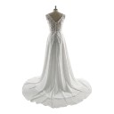 Abiti da sposa da donna con corpetto in pizzo e scollatura profonda a V su spalline larghe con strascico di 50 cm bianchi in taglio a campana 2