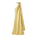 Abiti eleganti lunghi in satin senza maniche con colletto asimmetrico e sciarpa fluente sulla schiena 10