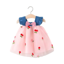 Abiti estivi per bambine con motivo ricamato di ciliegie e fiocchetto con gonna in tulle e maniche corte per i più piccoli per l'estate e le feste 2