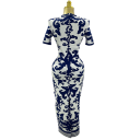 Abiti lunghi aderenti da donna con maniche corte e motivo ornamentale con scollatura rotonda per occasioni sociali e quotidiane blu e bianco 2