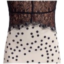 Abiti lunghi eleganti da donna fino a terra senza maniche con profondo scollo a V e pizzo in vita di colore bianco con pois neri 10