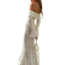 Abiti lunghi in pizzo con spalle scoperte e maniche lunghe Abiti trasparenti in stile romantico con lacci e maniche svasate Design elegante 2