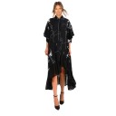 Abiti maxi asimmetrici da donna con colletto camicia Chiusura frontale Maniche corte e larghe Gonna a volant Nera con stampa bianca a disegno 5