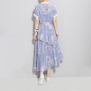Abiti midi estivi da donna con gonna asimmetrica a due strati Rigate blu e bianche con stampa floreale Cintura da annodare Maniche corte Bordi bianchi 3