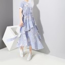 Abiti midi estivi da donna con gonna asimmetrica a due strati Rigate blu e bianche con stampa floreale Cintura da annodare Maniche corte Bordi bianchi 6