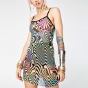 Abito da donna trasparente mini con spalline sottili e motivo ondulato colorato in rete di poliestere. Per uso estivo quotidiano e sopra il costume 4