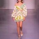 Abito mini donna con volant e scollatura profonda Taglio asimmetrico con corpetto incrociato Scollatura in vita Maniche lunghe arricciate Stampa 2