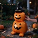 Abóbora insuflável com chapéu de bruxa Balão em pé Decoração de Halloween Duas abóboras uma sobre a outra Decoração de festa laranja e preta 2