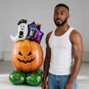 Abóbora insuflável com fantasma e casinha Balão em pé Decoração de Halloween 62 x 111 cm Laranja com base verde Decoração de festa 4
