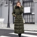 Abrigo largo de invierno para mujer con capucha y borde peludo Cinturón ajustable en la cintura Acolchado en rectángulos Longitud 6