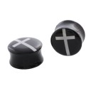 Acrylic ear plug with a white cross Black saddle shape for stretched earlobes Full design with a smooth glossy surface 1