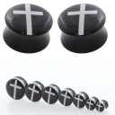 Acrylic ear plug with a white cross Black saddle shape for stretched earlobes Full design with a smooth glossy surface 2