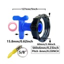 Adaptador de válvula IBC para tanque S60x6 60 mm grifo de plástico azul con salida para manguera 5/8 regulación del flujo de agua para barriles y riego 2
