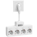 Adaptador EU com 4 tomadas, 2x USB A + USB C, cabo de extensão 16A 3840W, carregamento rápido, interruptores individuais, proteção contra sobrecarga 6