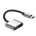 Adaptér USB-C na 3,5mm jack a USB-C pro současné nabíjení a poslech hudby přes sluchátka Krátký kabel Délka 12 cm Hliník a TPE 3