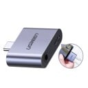 Adaptér USB-C na 3,5mm jack a USB-C pro současné nabíjení telefonu a poslech hudby Šedé tělo ze slitiny hliníku Kompaktní rozměry 3