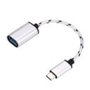 Adapter USB-C til USB 3.0 med flettet kabel til tilslutning af flash-disk til telefon eller bærbar computer Sølvstik Længde 20 cm 1