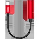 Adaptér z USB-C na 3,5mm jack a USB-C na krátkom káble Rozbočovač 2v1 pre slúchadlá a nabíjanie Telo zo zliatiny hliníka Červená farba 2