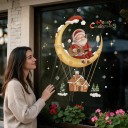 Adesivi Natalizi per Finestra Riutilizzabili Babbo Natale sul Mezzo Luna che Suona la Chitarra Casetta e Alberi di Natale Decorazione Dorata 5