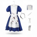 Adult Horror Doll Costume Blue Dress with White Apron with Bloodstains Striped Tights and Headband Cotton and Polyester 1