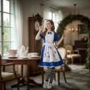 Adult Horror Doll Costume Blue Dress with White Apron with Bloodstains Striped Tights and Headband Cotton and Polyester 9